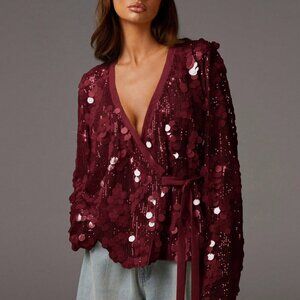 burgundy Party Women's long sleeve sequin Blouses